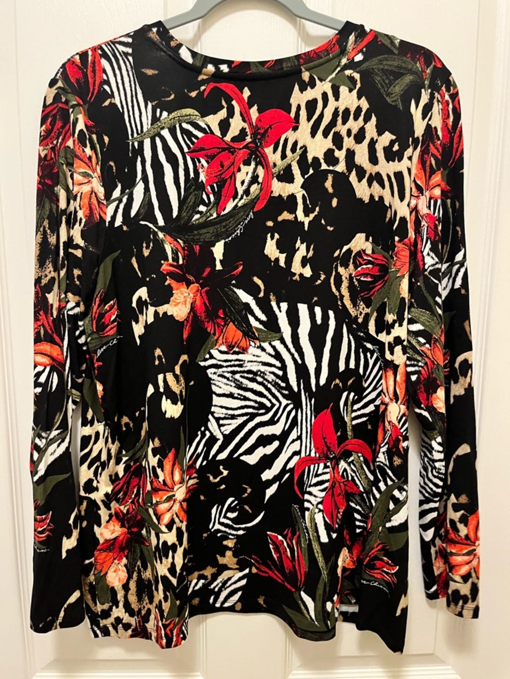 Chico's Black Long-Sleeve Top with Red Floral & Animal Print